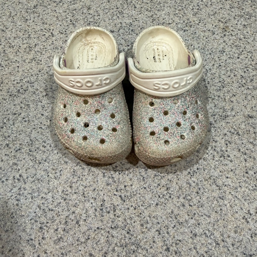 CROCS Kids' Glitter Clogs in Pearl White with Multicolor Sparkle